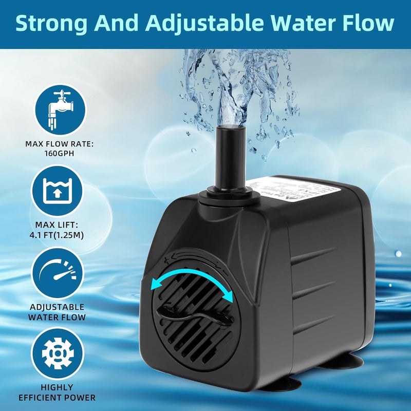 DATOO Mini Submersible Fountain Water Pump With LED Light 160GPH 10W Small Ultra Quiet Water Pump With Tubing For Aquarium Fish Tank Outdoor Pond Water Feature Fountain Statuary - Image 2
